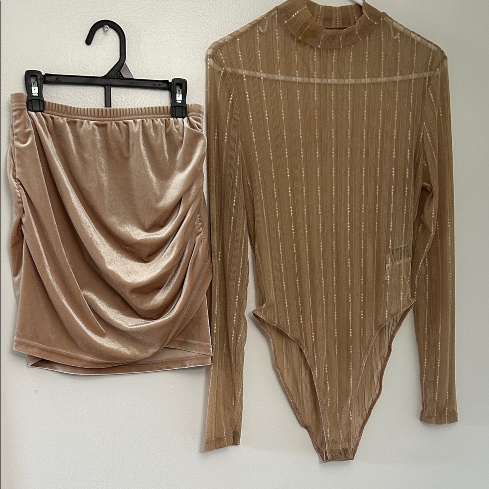 SHEIN Shimmering Tan Bodysuit and Skirt Set